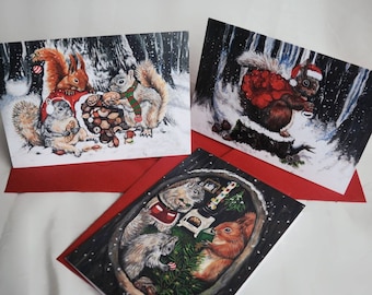 Squirrel Christmas Card Pack of 3 | Red Squirrel Festive Cards | Holiday Cards | A5 Christmas Cards Set | Snowy Forest Animals Multipack