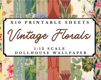 Vintage Floral Dollhouse 1:12th Scale Wallpaper x10 A4 Hojas de descarga digital imprimibles / Flor en miniatura Papel artesanal victoriano antiguo