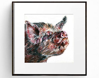 Pig Painting Print, Rustic Piggy Farmhouse Wall Decor, Farmyard Country Kitchen Animal Wall Art, Farm Animal Pig Gifts, Wildlife Painting