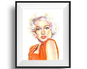 Marilyn Monroe Portrait Print Coloured Pencil | Movie Film Legend Hollywood Poster Home Wall Art | 8 x 10" Fine Art Marilyn Monroe Gift