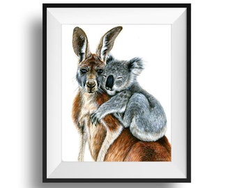 Koala Bear & Kangaroo Painting, Australian Art Print, Australia Wildlife Wall Art, Cute Nursery Animal Wall Decor, Wildlife Wall Decor Gifts