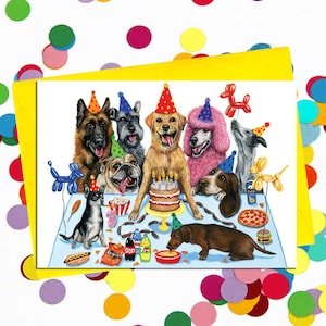 Gelukkige verjaardag hond kaart, lege verjaardag partij kaart, hond minnaar cadeau, dier verjaardagskaart, labrador blanke viering kaart, hondenrassen