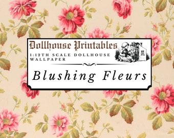 Fluers Dollhouse 1:12 Tapete Digital Download Blätter | Antikes Vintage rosa Blumen-Miniatur-Scrap-Papier