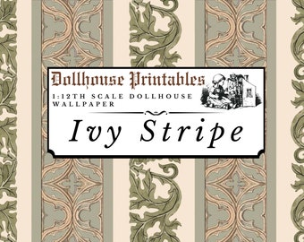 Ivy Stripe Dollhouse 1:12 Scale Wallpaper Digital Download Sheets | Vintage Floral Striped Miniature Scrapbook Paper Printables