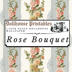 Rose Bouquet Stripe Dollhouse Scala 1:12 Carta da parati Download digitale Fogli / Carta per album in miniatura a righe floreali con fiori di rosa vintage
