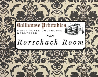 Rorschach Room Dollhouse 1:12 Scale Wallpaper Digital Download Sheets | Gothic Victorian White Black Damask Miniature Scrapbook Paper