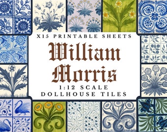 William Morris Dollhouse Tiles 1:12 Tapete x 15 bedruckbare A4-Blätter | Miniatur Antike viktorianische Wand Boden gefliest Handwerk Papiere