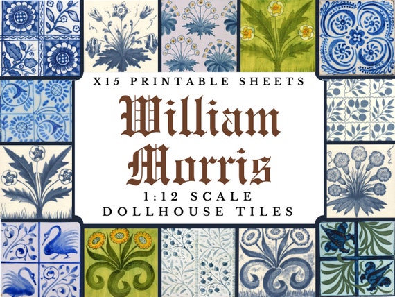 William Morris Dollhouse Tiles 1:12 Scale Wallpaper x 15 A4 Printable Sheets | Miniature Antique Victorian Wall Floor Tiled Craft Papers