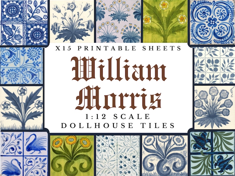 William Morris Dollhouse Tiles Papel pintado a escala 1:12 x 15 hojas imprimibles A4 / Papeles artesanales con azulejos de suelo de pared victoriano antiguo en miniatura imagen 1