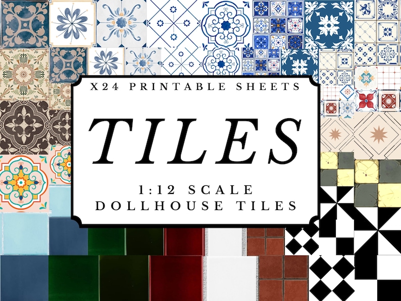 May include: 24 printable sheets of 1:12 scale dollhouse tiles featuring a variety of colourful patterns. The tiles are perfect for adding a touch of realism to your miniature home.