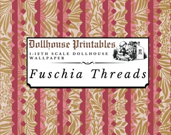 Fuchsia Threads Dollhouse 1:12 Scale Wallpaper Digital Download Sheets | Vintage Pink Striped Miniature Scrapbook Paper Printables