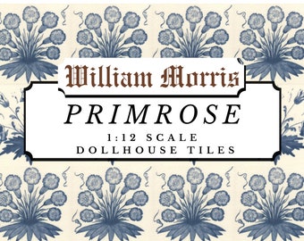 William Morris Primrose Tiles Dollhouse 1:12th Scale | Blue & White Victorian Kitchen / Bathroom Tiled Wallpaper | Floral Printable Tile