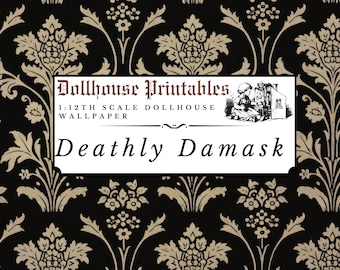 Deathly Damask Dollhouse 1:12 Scale Wallpaper Digital Download Sheets | Gothic Victorian Dark Floral Damask Pattern Miniature Paper Pdf