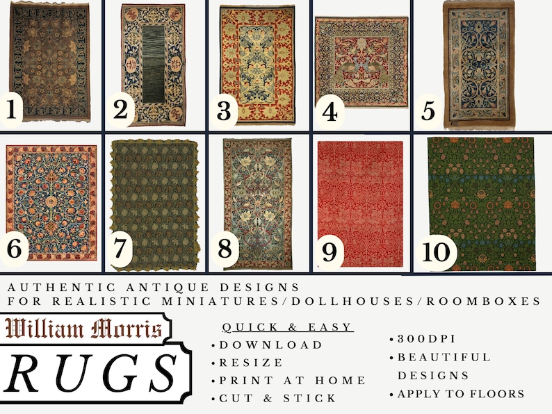 Miniature Rug Print William Morris Miniature Rugs Dollhouse 1:12 Scale X 10 Digital ...