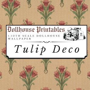 Tulpe Deko Puppenhaus 1:12 Tapete Digital Download Blätter | Antikes viktorianisches Weinlese-Blumen-Streifen-Miniatur-Scrapbook-Papier
