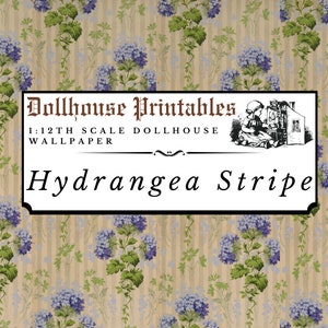 Hortensien Streifen Puppenhaus 1:12 Tapete Digital Download Blätter | Antikes viktorianisches Weinlese-Blumen-Streifen-Miniatur-Scrapbook-Papier
