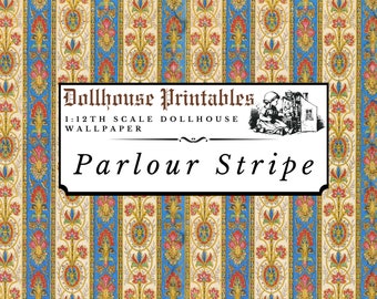 Salon Stripe Dollhouse 1:12 schaal Wallpaper digitale downloadbladen | Vintage Victoriaanse miniatuur scrapbook papier printables