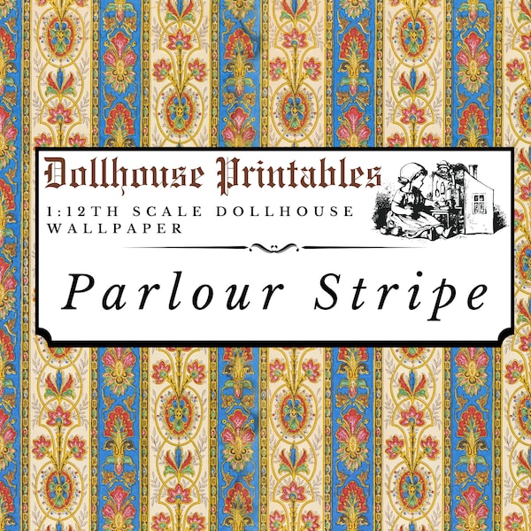Parlour Stripe Dollhouse 1:12 Scale Wallpaper Digital Download Sheets | Vintage Victorian Miniature Scrapbook Paper Printables