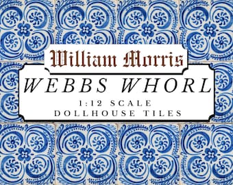 William Morris 'Webbs Whorl' Tiles Dollhouse 1:12th Scale | Blue Swirls Victorian Kitchen / Bathroom Tiled Wallpaper | Floral Printable Tile