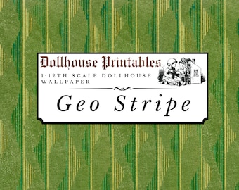Geometric Green Stripe Dollhouse 1:12 Scale Wallpaper Digital Download Sheets | Antique Art Deco Miniature Scrapbook Paper