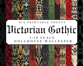 Victorian Gothic Dollhouse 1:12 Scale Wallpaper Pack | x 14 A4 Printable Digital Download Sheets | Antique Dark Damask Craft Papers