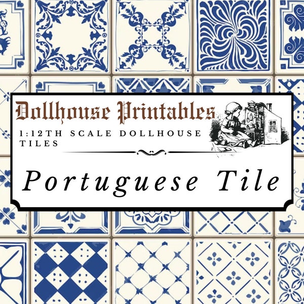 Mediterranean Blue Dollhouse Tiles 1:12 Scale | Portuguese Miniature Kitchen Bathroom Tiles Wallpaper | Printable Digital Paper Download pdf