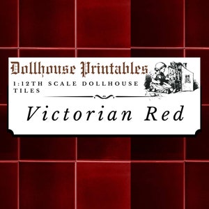 Casa delle bambole vittoriana con piastrelle rosse bordeaux in scala 1:12, cucina tradizionale realistica, bagno piastrellato, carta da parati stampabile, carta digitale scaricabile