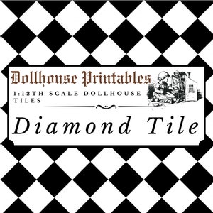 May include: A black and white diamond tile pattern with the text "Dollhouse Printables 1:12th Scale Dollhouse Tiles Diamond Tile". The image features a vintage illustration of a child playing with a dollhouse.