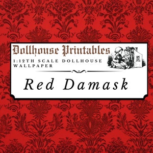Red Silk Damast Puppenhaus 1:12 Tapete Digital Download Blätter | Gothic viktorianischen Miniatur Scrapbook Papier