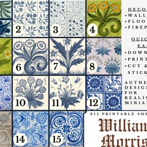 William Morris Dollhouse Tiles Papel pintado a escala 1:12 x 15 hojas imprimibles A4 / Papeles artesanales con azulejos de suelo de pared victoriano antiguo en miniatura imagen 2