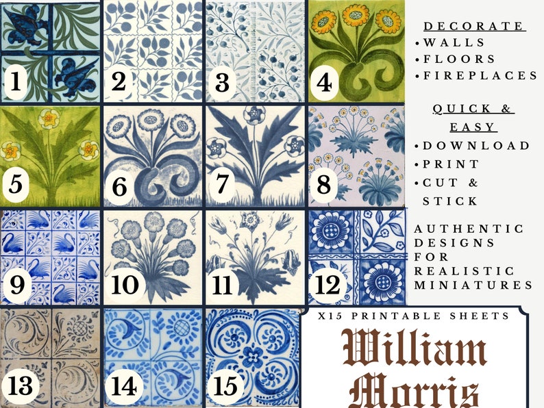 William Morris Dollhouse Tiles Papel pintado a escala 1:12 x 15 hojas imprimibles A4 / Papeles artesanales con azulejos de suelo de pared victoriano antiguo en miniatura imagen 2