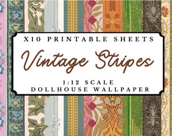 Vintage Stripes Dollhouse 1:12 Scale Wallpaper x10 A4 Printable Digital Download Sheets | Miniature Antique Victorian Craft Paper Pack