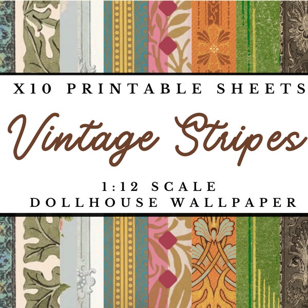 Vintage Stripes Dollhouse 1:12 Scale Wallpaper x10 A4 Printable Digital Download Sheets | Miniature Antique Victorian Craft Paper Pack