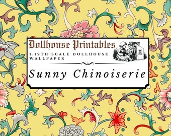 Gelbe Chinoiserie Dollhouse 1: 12 Tapete Digital Download Blätter | Antike Vintage Blumen Miniatur Scrapbook Papier