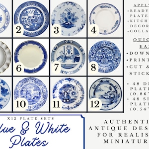 Op de afbeelding: Twaalf printbare blauwe en witte bordontwerpen voor miniatuurpoppenhuisdecoratie. De ontwerpen omvatten verschillende patronen en sc&egrave;nes, zoals bloemen, landschappen en geometrische patronen. De borden zijn verkrijgbaar in twee maten: 48 dinerborden (2,2 cm) en 48 dessertborden (1,4 cm).