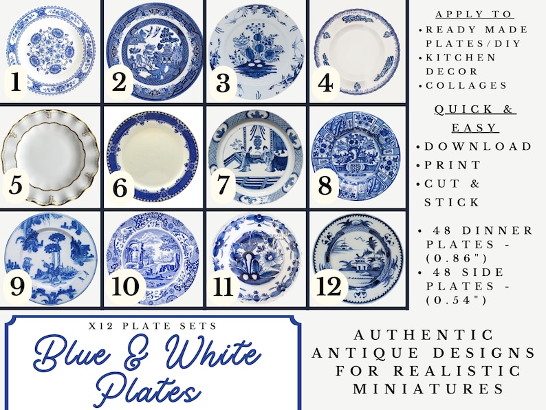 Op de afbeelding: Twaalf printbare blauwe en witte bordontwerpen voor miniatuurpoppenhuisdecoratie. De ontwerpen omvatten verschillende patronen en sc&egrave;nes, zoals bloemen, landschappen en geometrische patronen. De borden zijn verkrijgbaar in twee maten: 48 dinerborden (2,2 cm) en 48 dessertborden (1,4 cm).
