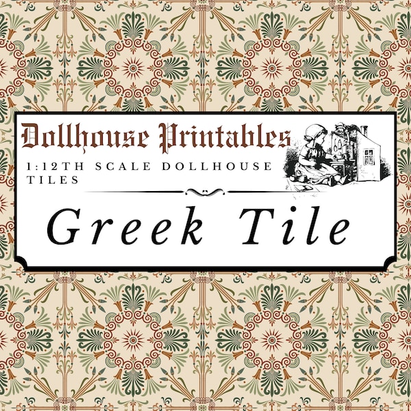 Greek Pattern Dollhouse Tiles 1:12 Scale | Mediterranean Miniature Floor / Wall Kitchen Bathroom Tiled Wallpaper | Printable Digital Paper