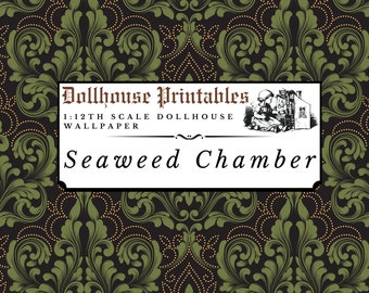 Seaweed Chamber Dollhouse 1:12 Scale Wallpaper Digital Download Sheets | Gothic Victorian Green Damask Pattern Miniature Scrapbook Paper