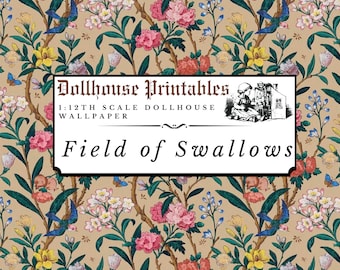May include: A digital printable dollhouse wallpaper featuring a floral pattern with pink, yellow, and white flowers, green leaves, and blue birds. The text "Dollhouse Printables 1:12th Scale Dollhouse Wallpaper Field of Swallows" is displayed on a white banner.