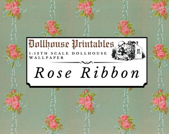 Rose Ribbon Dollhouse 1:12 Scale Wallpaper Digital Download Sheets | Antique Victorian Vintage Pink Flower Stripe Miniature Scrapbook Paper