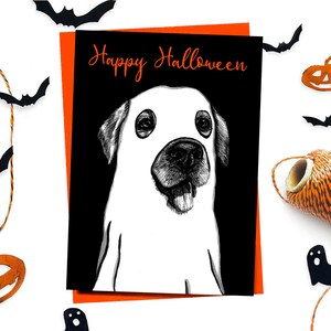 Carte de vœux d’Halloween ghost dog, cartes Labrador Retriever, Carte d’automne spooky, cartes d’Halloween heureuses mignonnes, carte de chien, carte d’Halloween de laboratoire