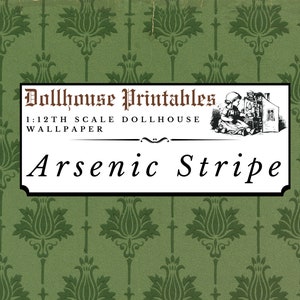Arsenic Stripe Dollhouse 1:12 Scale Wallpaper Digital Download Sheets | Gothic Victorian Antique Green Damask Stripe Pattern Miniature Paper
