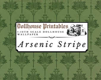 Arsenic Stripe Dollhouse 1:12 Scale Wallpaper Digital Download Sheets | Gothic Victorian Antique Green Damask Stripe Pattern Miniature Paper