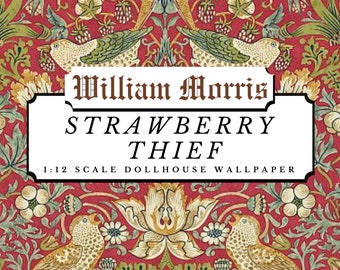 Strawberry Thief William Morris Dollhouse 1:12 Scale Wallpaper (Red) Digital Download Sheets | Antique Victorian Paper