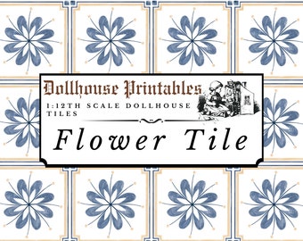 Vintage Blue Flower Dollhouse Tiles 1:12 Scale | Country Miniature Kitchen Bathroom Tiled Wallpaper | Printable Digital Paper Download
