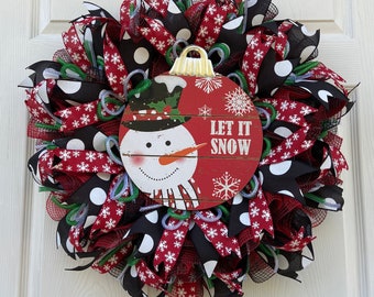 Snowman Christmas Wreath, Let It Snow Sign, Winter Front Door Decor (24 inch)