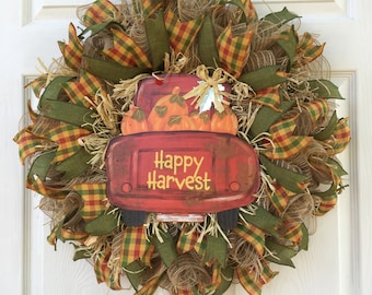 Fall Red Truck Happy Harvest Front Door Wreath, Deco Mesh Autumn Wreath,