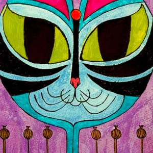 Cat Painting Blue Cat with dried poppy seed pods, red sun/third eye, green opposing crescent moons. created 01/24 7" x 10"