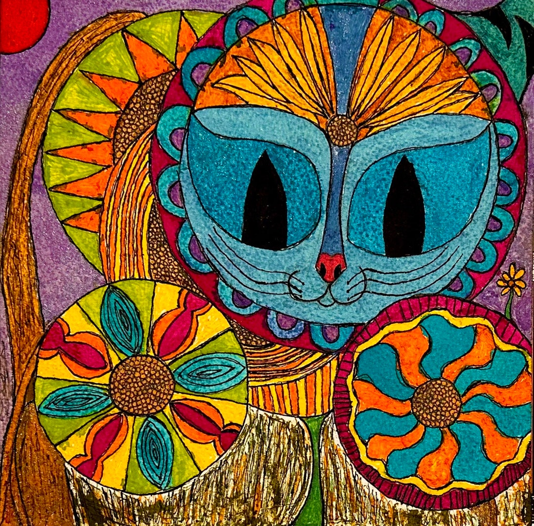 Original Cat Painting Blue Flower Cat in Exotic Flowers 3, created 12/