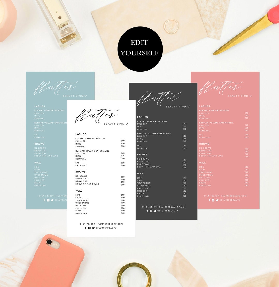 Beauty Price List Template Editable Price List Business Price Etsy UK
